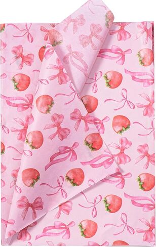 WRAPAHOLIC الفراولة القوس التفاف المناديل الورقية - 30 ورقة 14 × 20 بوصة القوس الوردي والفراولة الحلوة المناديل الورقية السائبة للنساء الفتيات عيد ميلاد، استحمام الطفل، الزفاف، دش الزفاف in Kuwait