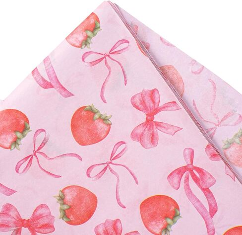 WRAPAHOLIC الفراولة القوس التفاف المناديل الورقية - 30 ورقة 14 × 20 بوصة القوس الوردي والفراولة الحلوة المناديل الورقية السائبة للنساء الفتيات عيد ميلاد، استحمام الطفل، الزفاف، دش الزفاف in Kuwait