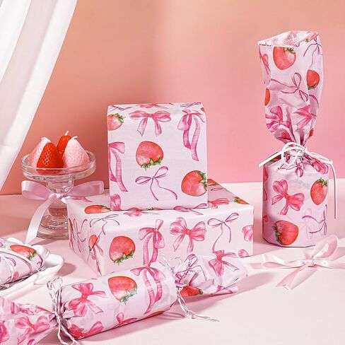 WRAPAHOLIC الفراولة القوس التفاف المناديل الورقية - 30 ورقة 14 × 20 بوصة القوس الوردي والفراولة الحلوة المناديل الورقية السائبة للنساء الفتيات عيد ميلاد، استحمام الطفل، الزفاف، دش الزفاف in Kuwait