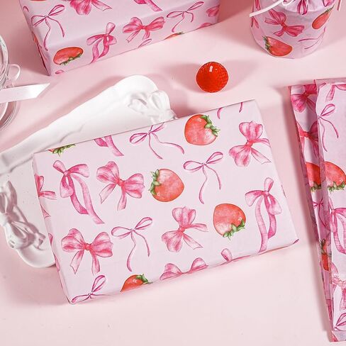 WRAPAHOLIC الفراولة القوس التفاف المناديل الورقية - 30 ورقة 14 × 20 بوصة القوس الوردي والفراولة الحلوة المناديل الورقية السائبة للنساء الفتيات عيد ميلاد، استحمام الطفل، الزفاف، دش الزفاف in Kuwait