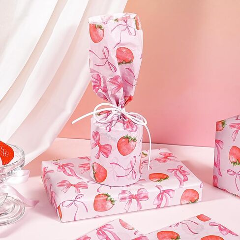 WRAPAHOLIC الفراولة القوس التفاف المناديل الورقية - 30 ورقة 14 × 20 بوصة القوس الوردي والفراولة الحلوة المناديل الورقية السائبة للنساء الفتيات عيد ميلاد، استحمام الطفل، الزفاف، دش الزفاف in Kuwait
