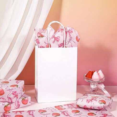 WRAPAHOLIC الفراولة القوس التفاف المناديل الورقية - 30 ورقة 14 × 20 بوصة القوس الوردي والفراولة الحلوة المناديل الورقية السائبة للنساء الفتيات عيد ميلاد، استحمام الطفل، الزفاف، دش الزفاف in Kuwait