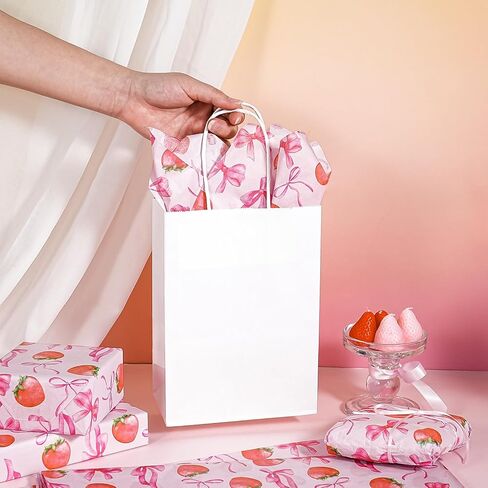 WRAPAHOLIC الفراولة القوس التفاف المناديل الورقية - 30 ورقة 14 × 20 بوصة القوس الوردي والفراولة الحلوة المناديل الورقية السائبة للنساء الفتيات عيد ميلاد، استحمام الطفل، الزفاف، دش الزفاف in Kuwait