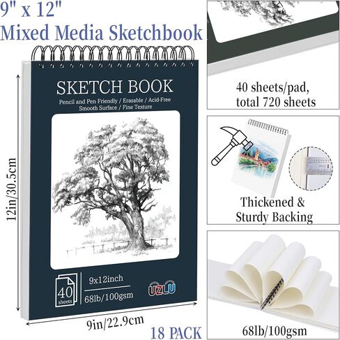 18 Pack Sketch Books Bulk 9x12 Inch Large Top Spiral Bound Sketch Pads 720 Total Sheets 6-Color Sketchbook 68lb/100gsm Acid-Free Drawing Paper for Students Beginners Artists Classroom Art Supplies in Saudi Arabia