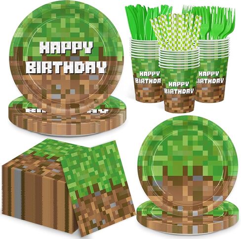 168pcs Pixel Plates Napkins Party Supplies Paper Cups Green Forks Disposable Birthday Tableware Set Party Decorations for Boys Kids Birthday Decor Serves 24 in Saudi Arabia