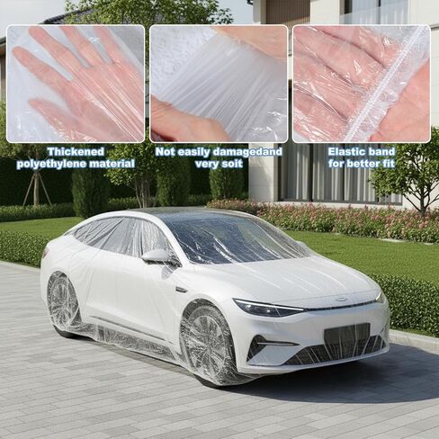 Sibba 5 Pack Disposable Car Covers, Plastic Car Cover Universal Waterproof Clear Cars Covers Vehicle Cars Cover with Elastic Bands for Sedan Outdoor Snow Rain Weather (12.4 ft x 21.6 ft) in Kuwait