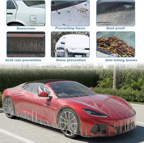 Sibba 5 Pack Disposable Car Covers, Plastic Car Cover Universal Waterproof Clear Cars Covers Vehicle Cars Cover with Elastic Bands for Sedan Outdoor Snow Rain Weather (12.4 ft x 21.6 ft) in Kuwait