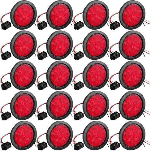 Retisee 20 قطعة 4 بوصة مصابيح LED مستديرة للمقطورة 12 مصباح LED مقاوم للماء 4 بوصة 12 فولت إيقاف الفرامل إيقاف تشغيل أضواء المقطورة مختومة للتركيب على شاحنة RV (أحمر) in Kuwait