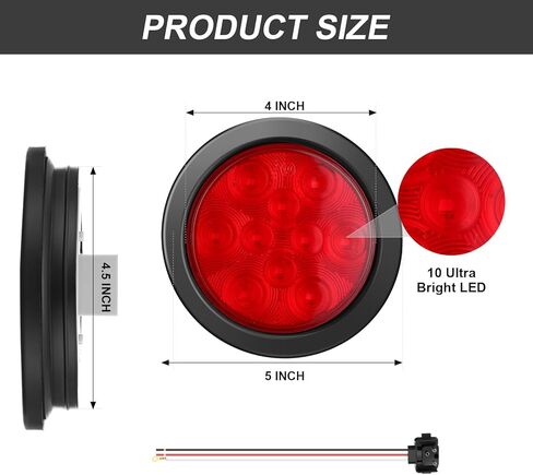 Retisee 20 قطعة 4 بوصة مصابيح LED مستديرة للمقطورة 12 مصباح LED مقاوم للماء 4 بوصة 12 فولت إيقاف الفرامل إيقاف تشغيل أضواء المقطورة مختومة للتركيب على شاحنة RV (أحمر) in Kuwait