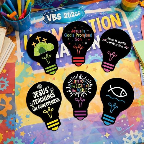 Eaasty 144 Pcs 4.6 x 3.2'' 2026 Vbs Vacation Bible School Memory Tags Illumination Theme Light Bulb Tags Double-Sided Printed for Jesus Faith Learning Church Activity Supplies in Kuwait