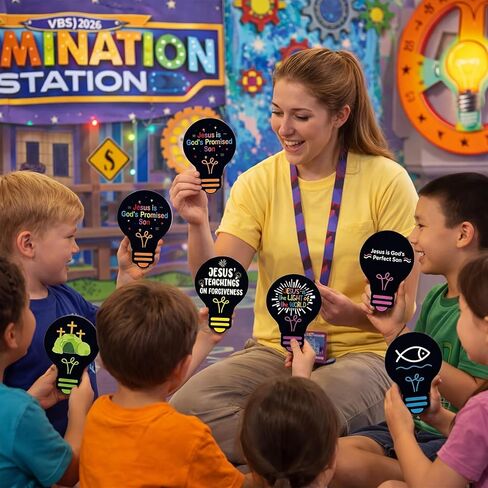 Eaasty 144 Pcs 4.6 x 3.2'' 2026 Vbs Vacation Bible School Memory Tags Illumination Theme Light Bulb Tags Double-Sided Printed for Jesus Faith Learning Church Activity Supplies in Kuwait
