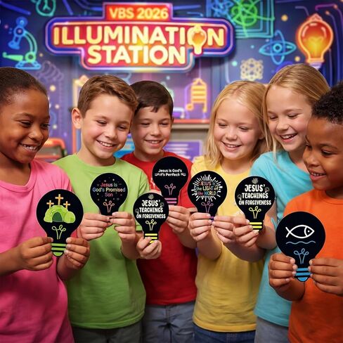 Eaasty 144 Pcs 4.6 x 3.2'' 2026 Vbs Vacation Bible School Memory Tags Illumination Theme Light Bulb Tags Double-Sided Printed for Jesus Faith Learning Church Activity Supplies in Kuwait