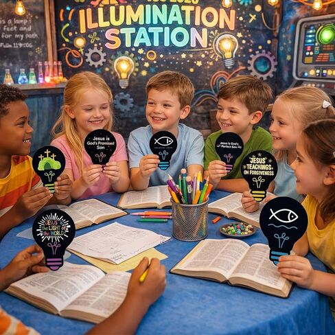 Eaasty 144 Pcs 4.6 x 3.2'' 2026 Vbs Vacation Bible School Memory Tags Illumination Theme Light Bulb Tags Double-Sided Printed for Jesus Faith Learning Church Activity Supplies in Kuwait