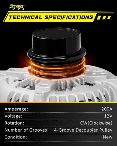 Oktiger 2.3L 200A Upgraded Alternator for Ford for Mustang 2015-2023 RWD Only Ecoboost, Ecoboost Premium 2.3L, L4 Gas 12V 200Amp Clockwise 4-Groove Decoupler Pulley, OE FR3T-10300-FA in Kuwait