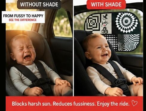 Baby Car Window Shade for Infants – High Contrast Black & White Visual Stimulation for Babies – Keeps Baby Calm & Engaged During Car Rides – Easy Cling Sun Shade (2 Pack) in Saudi Arabia