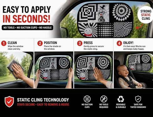 Baby Car Window Shade for Infants – High Contrast Black & White Visual Stimulation for Babies – Keeps Baby Calm & Engaged During Car Rides – Easy Cling Sun Shade (2 Pack) in Saudi Arabia