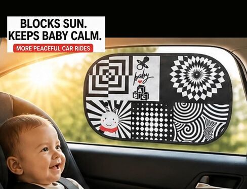 Baby Car Window Shade for Infants – High Contrast Black & White Visual Stimulation for Babies – Keeps Baby Calm & Engaged During Car Rides – Easy Cling Sun Shade (2 Pack) in Saudi Arabia