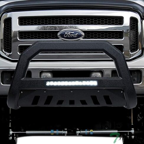 Textured Black AVT Style Aluminum LED Light Bull Bar Brush Push Front Bumper Grill Grille Guard with Skid Plate Compatible with 05-07 Ford F250 F350 F450 F550 Superduty / 2005 Ford Excursion in Kuwait