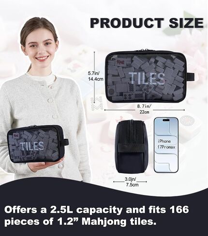 Mahjong Tile Bag with Zipper,Mahjong Bag Fits 166 Tiles (1.2" Size),Mahjong Gifts for Women with Lightweight & Thickened Mesh Fabric,9 x 5.9 x3.1 inch (Black) in Saudi Arabia