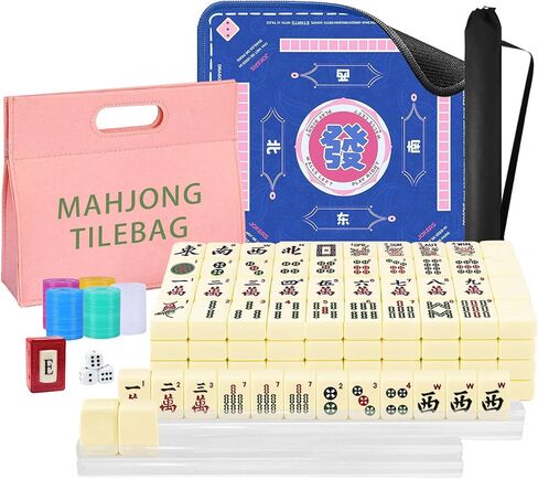 American Mahjong Tiles Set, 166 White Tiles Game with Noise Reducing Mahjong Mat with Storage Bags, 4 Racks, Scoring, Plastic Coins Dices Portable Travel Mahjong Game Set for Adults & Beginners in Saudi Arabia