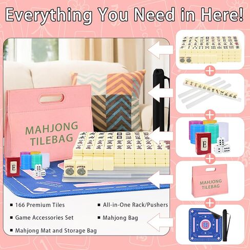 American Mahjong Tiles Set, 166 White Tiles Game with Noise Reducing Mahjong Mat with Storage Bags, 4 Racks, Scoring, Plastic Coins Dices Portable Travel Mahjong Game Set for Adults & Beginners in Saudi Arabia