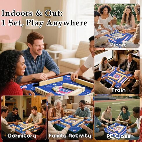 American Mahjong Tiles Set, 166 White Tiles Game with Noise Reducing Mahjong Mat with Storage Bags, 4 Racks, Scoring, Plastic Coins Dices Portable Travel Mahjong Game Set for Adults & Beginners in Saudi Arabia