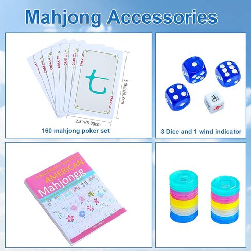 160 Pcs Mahjong Playing Cards Set (Blue) – American & Chinese Style, Includes Storage Box, Dice, Chips, Wind Indicator & Manual in Saudi Arabia