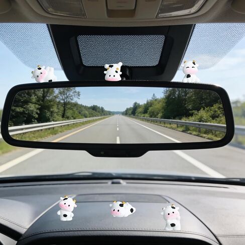 6Pcs Cute Cow Car Dashboard Decor, Cow Print Rear View Mirror Ornament & Desk Decoration, Funny Car Interior Accessories for Women Teen Girls in Kuwait
