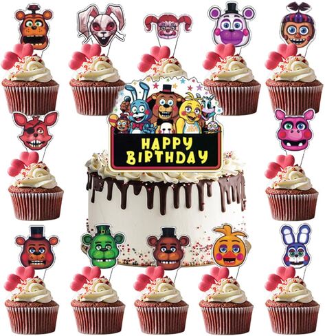 25 قطعة من أعلى الكعكة من FNAF، تتضمن 1 قطعة علوية لكعكة عيد ميلاد سعيد و24 قطعة علوية للكب كيك لحفلات أعياد الميلاد وديكورات حلوى الحفلات التي تحمل عنوان 5 ليالٍ. in Kuwait