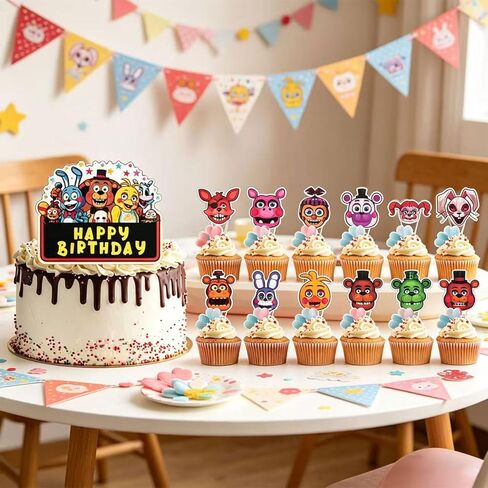 25 قطعة من أعلى الكعكة من FNAF، تتضمن 1 قطعة علوية لكعكة عيد ميلاد سعيد و24 قطعة علوية للكب كيك لحفلات أعياد الميلاد وديكورات حلوى الحفلات التي تحمل عنوان 5 ليالٍ. in Kuwait