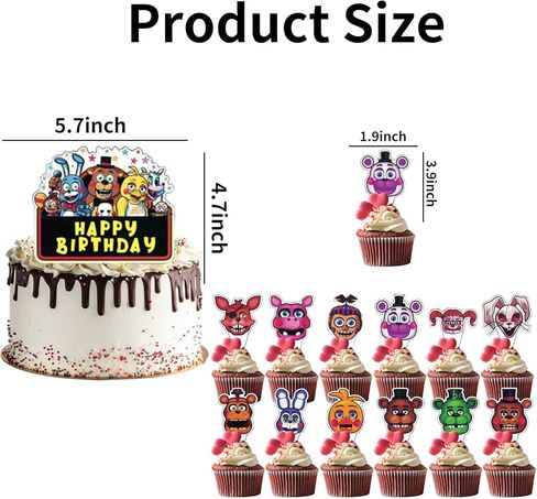 25 قطعة من أعلى الكعكة من FNAF، تتضمن 1 قطعة علوية لكعكة عيد ميلاد سعيد و24 قطعة علوية للكب كيك لحفلات أعياد الميلاد وديكورات حلوى الحفلات التي تحمل عنوان 5 ليالٍ. in Kuwait