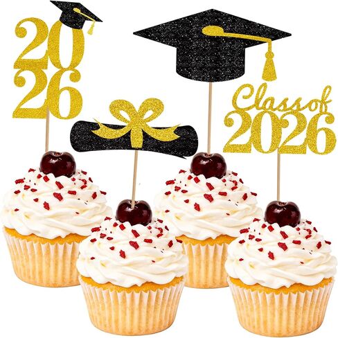 Graduation Cupcake Toppers 2026, Graduation Decorations 2026 Graduation Cake Topper, Glitter Grad Cap Diploma Food Appetizer Picks For Graduation Theme Party Cake Decorations Supplies, 24 Pack, Gold in Saudi Arabia