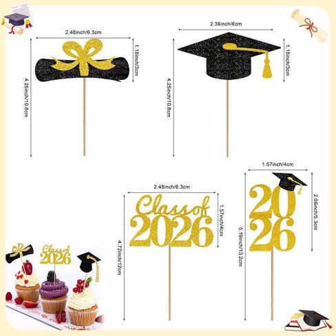 Graduation Cupcake Toppers 2026, Graduation Decorations 2026 Graduation Cake Topper, Glitter Grad Cap Diploma Food Appetizer Picks For Graduation Theme Party Cake Decorations Supplies, 24 Pack, Gold in Saudi Arabia