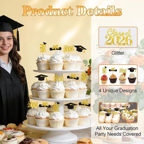 Graduation Cupcake Toppers 2026, Graduation Decorations 2026 Graduation Cake Topper, Glitter Grad Cap Diploma Food Appetizer Picks For Graduation Theme Party Cake Decorations Supplies, 24 Pack, Gold in Saudi Arabia