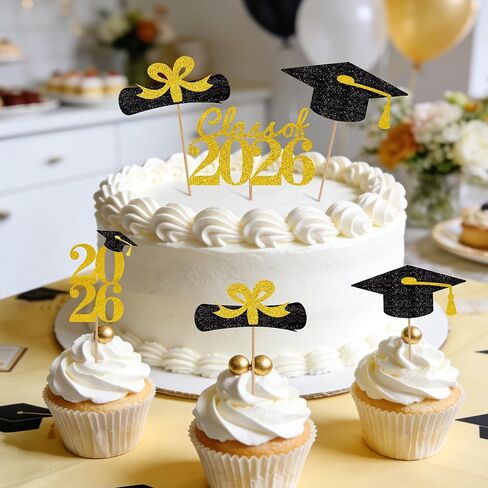 Graduation Cupcake Toppers 2026, Graduation Decorations 2026 Graduation Cake Topper, Glitter Grad Cap Diploma Food Appetizer Picks For Graduation Theme Party Cake Decorations Supplies, 24 Pack, Gold in Saudi Arabia
