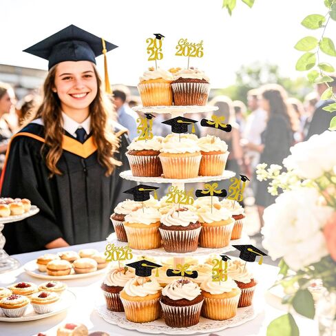 Graduation Cupcake Toppers 2026, Graduation Decorations 2026 Graduation Cake Topper, Glitter Grad Cap Diploma Food Appetizer Picks For Graduation Theme Party Cake Decorations Supplies, 24 Pack, Gold in Saudi Arabia