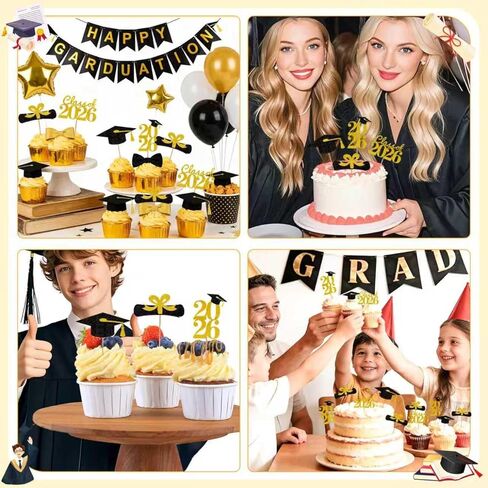 Graduation Cupcake Toppers 2026, Graduation Decorations 2026 Graduation Cake Topper, Glitter Grad Cap Diploma Food Appetizer Picks For Graduation Theme Party Cake Decorations Supplies, 24 Pack, Gold in Saudi Arabia