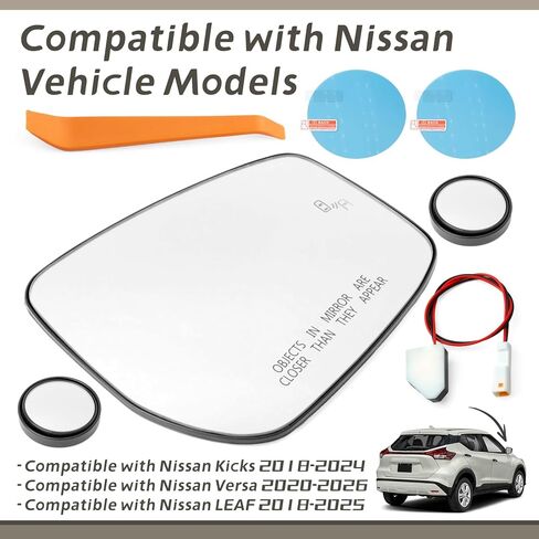 963655SA0A Passenger Side Mirror Glass Replacement for Nissan Kicks 2018-2024 for Versa 2020-2026 for LEAF 2018-2025 Heated Rear View Mirrors Glass with Blind Spot and Plastic Backing Plate in Kuwait