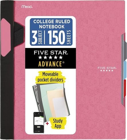 Five Star Advance Spiral Notebook + Study App, 3 Subject, 8.5" x 11" College Ruled Paper, 150 Sheets, Spiral Guard, Movable Tabbed Dividers, Prom Pink (820060R) in Kuwait