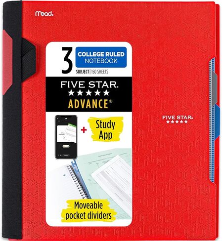 Five Star Advance Spiral Notebook + Study App, 3 Subject, 8.5" x 11" College Ruled Paper, 150 Sheets, Spiral Guard, Movable Tabbed Dividers, Prom Pink (820060R) in Kuwait