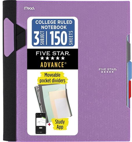 Five Star Advance Spiral Notebook + Study App, 3 Subject, 8.5" x 11" College Ruled Paper, 150 Sheets, Spiral Guard, Movable Tabbed Dividers, Prom Pink (820060R) in Kuwait