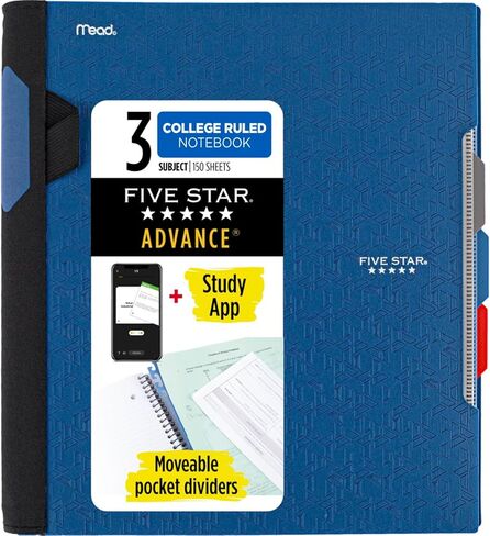 Five Star Advance Spiral Notebook + Study App, 3 Subject, 8.5" x 11" College Ruled Paper, 150 Sheets, Spiral Guard, Movable Tabbed Dividers, Prom Pink (820060R) in Kuwait