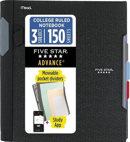 Five Star Advance Spiral Notebook + Study App, 3 Subject, 8.5" x 11" College Ruled Paper, 150 Sheets, Spiral Guard, Movable Tabbed Dividers, Prom Pink (820060R) in Kuwait
