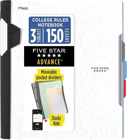 Five Star Advance Spiral Notebook + Study App, 3 Subject, 8.5" x 11" College Ruled Paper, 150 Sheets, Spiral Guard, Movable Tabbed Dividers, Prom Pink (820060R) in Kuwait
