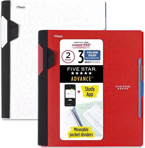 Five Star Advance Spiral Notebook + Study App, 3 Subject, 8.5" x 11" College Ruled Paper, 150 Sheets, Spiral Guard, Movable Tabbed Dividers, Prom Pink (820060R) in Kuwait