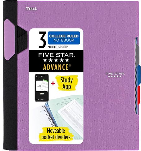 Five Star Advance Spiral Notebook + Study App, 3 Subject, 8.5" x 11" College Ruled Paper, 150 Sheets, Spiral Guard, Movable Tabbed Dividers, Prom Pink (820060R) in Kuwait