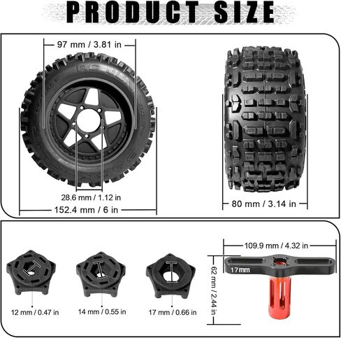 3.8" MT Monster Truck All Terrain Tires with Foam Insert - 17mm/14mm/12mm Hex Adapters Included for TRAXXAS Sledge ARRMA KRATON Outcast Tamiya HSP (Set of 4) Replacement Part of AR510092 in Saudi Arabia