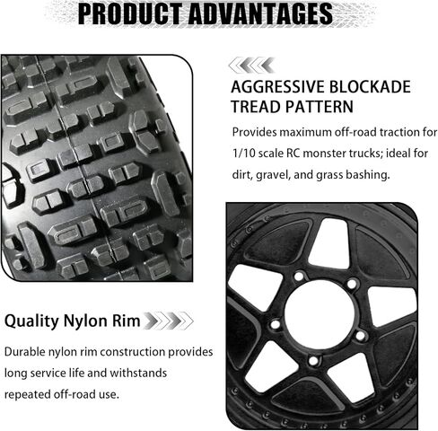 3.8" MT Monster Truck All Terrain Tires with Foam Insert - 17mm/14mm/12mm Hex Adapters Included for TRAXXAS Sledge ARRMA KRATON Outcast Tamiya HSP (Set of 4) Replacement Part of AR510092 in Saudi Arabia