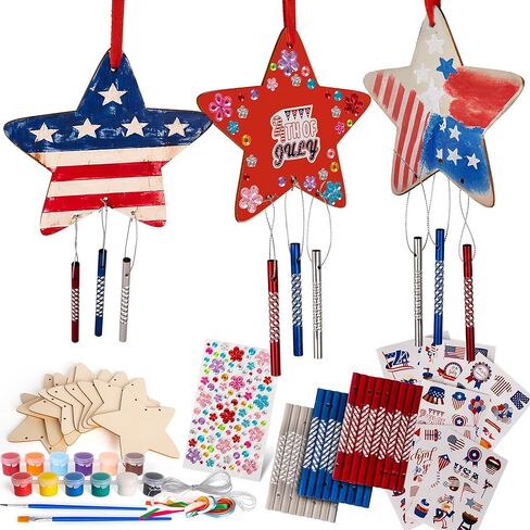 ArtCreativity Patriotic DIY Wind Chime Kit for Kids - 9 Pack - Wooden Wind Chime Set with Paint Kit, Rhinestone Flower Stickers, 105 Stickers, and More - July 4th Arts and Crafts for Kids 3 and Up in Kuwait