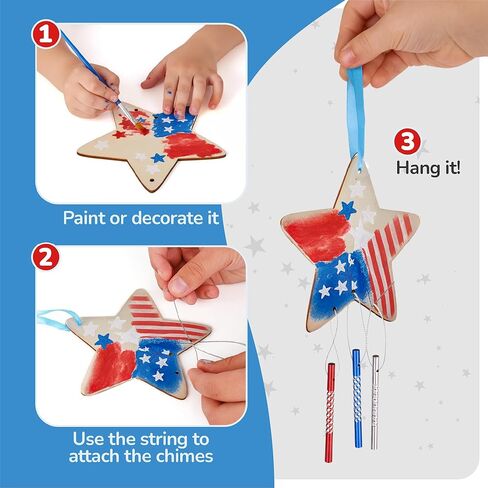 ArtCreativity Patriotic DIY Wind Chime Kit for Kids - 9 Pack - Wooden Wind Chime Set with Paint Kit, Rhinestone Flower Stickers, 105 Stickers, and More - July 4th Arts and Crafts for Kids 3 and Up in Kuwait